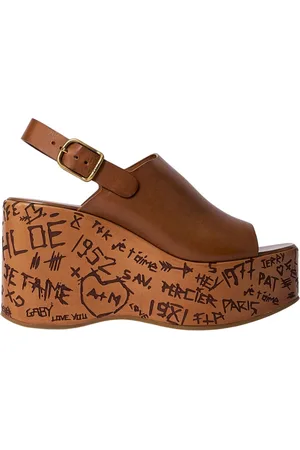 Chloé Schoenen, Dames, Bruin, 40 EU, Leer, Hout-Effect Platform Sleehak Sandalen