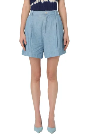 Ralph Lauren Korte broeken, Dames, Blauw, S, Denim, Blauwe Denim Geplooide Shorts