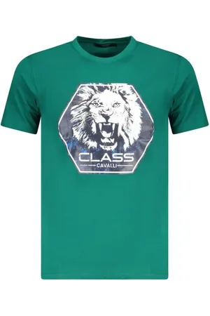 Roberto Cavalli Tops, Heren, Groen, XL, Katoen, Gedrukt Crew Neck T-shirt