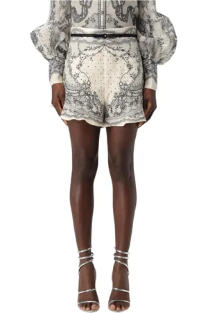 ZIMMERMANN Korte broeken, Dames, Veelkleurig, M, Linnen, Kantprint Shorts met Gerimpelde Zoom