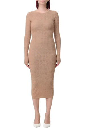 Elisabetta Franchi Kleedjes, Dames, Bruin, L, Elegante Geometrische Gebreide Midi Jurk