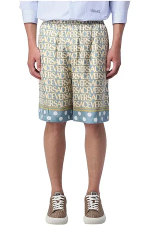 VERSACE Korte broeken, Heren, Veelkleurig, L, Luxe Blauwe Zijden Logo Shorts