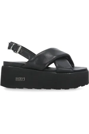 Cult Schoenen, Dames, Zwart, 36 EU, Leer, Zwarte leren sandalen met metalen logo