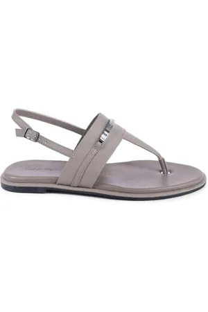 Calvin Klein Schoenen, Dames, Groen, 40 EU, Leer, Khaki Leren Teenslippers