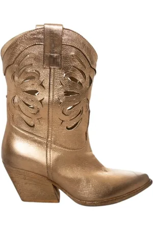 Elena Iachi Schoenen, Dames, Geel, 40 EU, Leer, Gouden Geperforeerde Texano Leren Laarzen