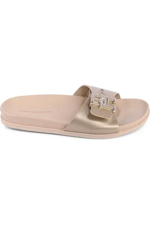 Tommy Hilfiger Schoenen, Dames, Geel, 38 EU, Leer, Gouden Leren Sandaal Elegante Stijl
