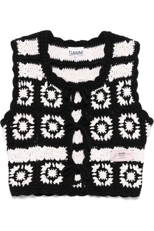 Ganni Jassen, Dames, Veelkleurig, M, Zwarte mouwloze vest met geschulpte rand