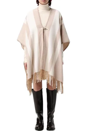 FAY Jassen, Dames, Wit, ONE Size, Wol, Gestreepte wollen poncho met franje