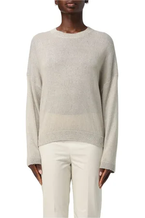 Brunello Cucinelli Truien, Dames, Grijs, M, Linnen, Beige Linnen Gebreide Pullover Sweater