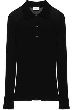 Moncler Tops, Dames, Zwart, M, Katoen, Gebreide Polo Zwart Logo Patch Mouw