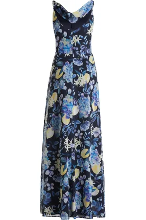 Vera Mont Kleedjes, Dames, Blauw, L, Leer, Bloemen Cocktailjurk met Watervalhalslijn