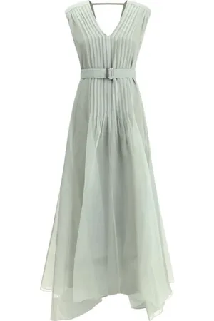 Brunello Cucinelli Kleedjes, Dames, Groen, M, Elegante Zijden Jurk met Geplooide Rok