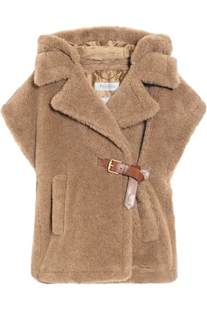 Max Mara Jassen, Dames, Bruin, M, Wol, Bruine Mouwloze Cape Teddy Fabric Jas