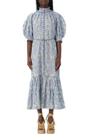 ZIMMERMANN Kleedjes, Dames, Blauw, M, Katoen, Elegante Damast Print Midi Jurk
