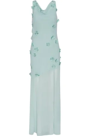 ROTATE Kleedjes, Dames, Blauw, S, Polyester, Blauwe Halternek Maxi Jurk met Bloemendetails