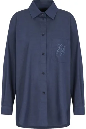 Emporio Armani Blouses & Shirts, Dames, Blauw, S, Klassieke Button-Up Shirt met Logo Borduurwerk