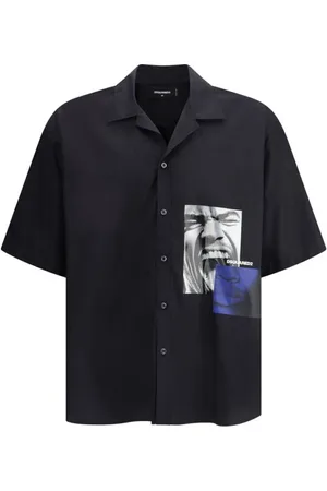 Dsquared2 Overhemden, Heren, Zwart, S, Katoen, Monogram Print Cuban Collar Shirt