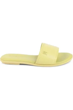 Tommy Hilfiger Schoenen, Dames, Geel, 39 EU, Leer, Gele Leren Slide Sandalen Casual Wear
