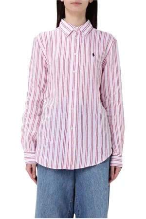 Ralph Lauren Blouses & Shirts, Dames, Rood, L, Klassieke Witte Gestreepte Overhemd met Lange Mouwen