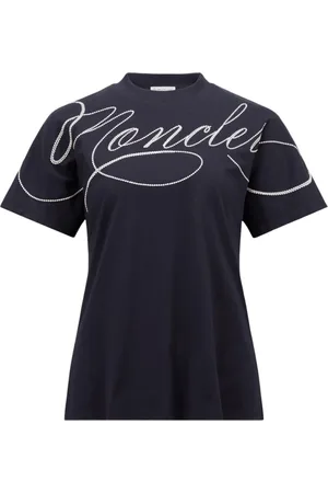 Moncler Tops, Dames, Blauw, S, Katoen, Geborduurd Katoenen T-Shirt Navy