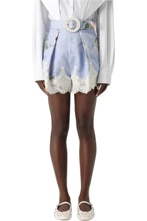 ZIMMERMANN Korte broeken, Dames, Blauw, M, Linnen, Kanten Linnen Shorts