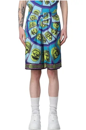 VERSACE Korte broeken, Heren, Veelkleurig, M, Blauwe Medusa Head Zijden Shorts