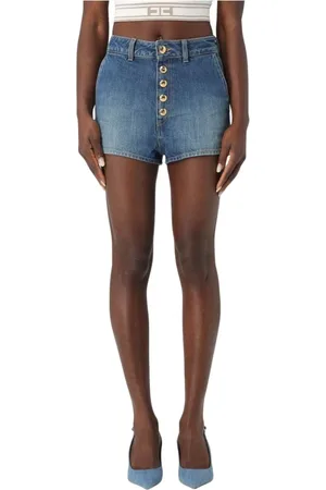 Elisabetta Franchi Korte broeken, Dames, Blauw, W28, Denim, Blauwe Denim Knoop Shorts