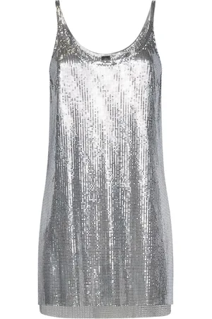 Paco rabanne Tops, Dames, Grijs, S, Zilveren Pixel Mesh Top Chique Stijl