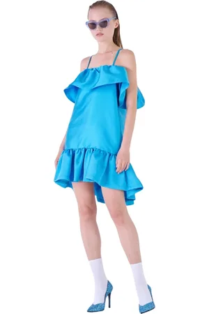 Silvian Heach Kleedjes, Dames, Blauw, S, Polyester, Korte jurk met ruches en elastische halslijn