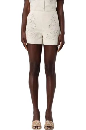 Twin-Set Korte broeken, Dames, Wit, M, Linnen, Elegante Geborduurde Shorts