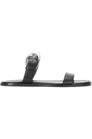 Staud Schoenen, Dames, Zwart, 39 EU, Maan Gesp Platte Sandaal