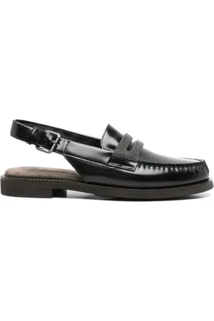 Brunello Cucinelli Schoenen, Dames, Zwart, 38 1/2 EU, Leer, Zwarte leren slingback loafers met kettingdetail