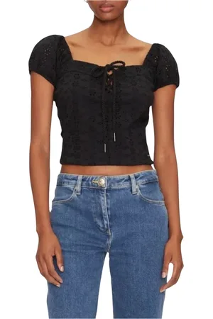 Guess Tops, Dames, Zwart, S, Katoen, Puffed Top Eliane Korte Mouw