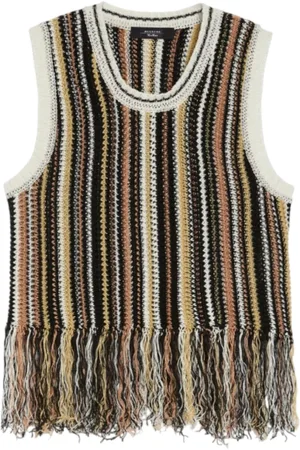 Max Mara Truien, Dames, Bruin, S, Linnen, Bruine Gehaakte Trui met Franje Detail