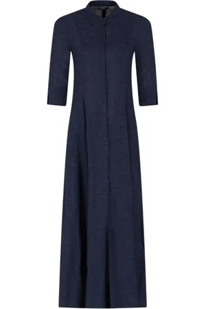 Emporio Armani Kleedjes, Dames, Blauw, L, Chambray Jurk Driekwart Mouwen Voorkant Knoop Geborduurd Logo