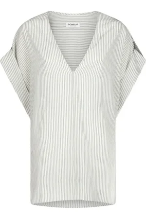 Dondup Blouses & Shirts, Dames, Wit, M, Gestreepte viscose shirt met V-hals