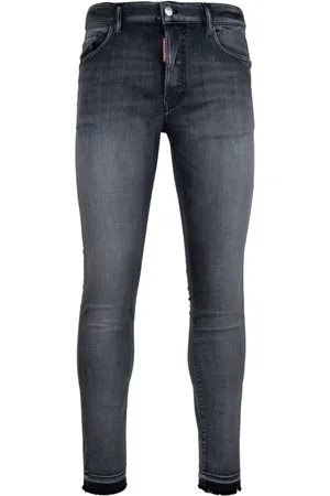 Dsquared2 Jeans, Heren, Grijs, M, Katoen, Herenknoop Jeans met Leren Patch
