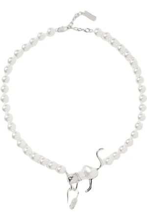 Marc Jacobs Accessoires, Dames, Grijs, ONE Size, Leer, Parel Kat Bedel Ketting