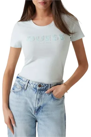 Guess Tops, Dames, Groen, XS, Katoen, Paillet Logo Katoen Tee