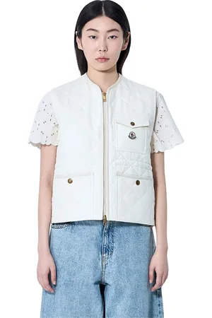 Moncler Jassen, Dames, , M, Linnen, Gewatteerde Linnen Vest met Logopatch