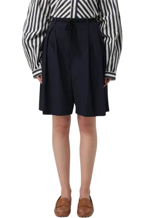BARENA Korte broeken, Dames, Blauw, M, Katoen, Marine Geplooide Katoenen Trekkoord Shorts