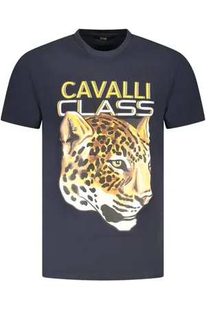 Roberto Cavalli Tops, Heren, Blauw, M, Katoen, Gedrukt Katoenen Crew Neck T-Shirt