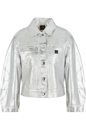 Armani Exchange Jassen, Dames, Grijs, L, Denim, Cropped Denim Jack Zilver