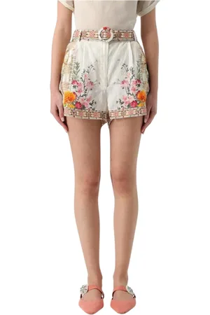 Camilla Korte broeken, Dames, Veelkleurig, M, Linnen, Witte Bloemen Linnen Shorts met Riem