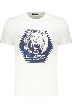 Roberto Cavalli Tops, Heren, Wit, L, Katoen, Gedrukt Kortemouw T-Shirt