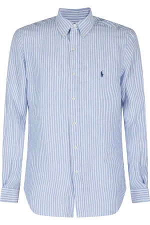 Ralph Lauren Overhemden, Heren, Blauw, L, Linnen, Linnen Gestreept Sportoverhemd