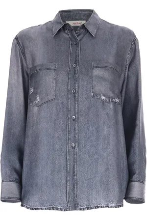 Jucca Blouses & Shirts, Dames, Grijs, XS, Denim, Zijden Denim Print Overhemd met Zak