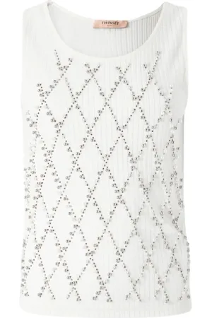 Twin-Set Tops, Dames, Wit, L, Katoen, Witte Mouwloze Katoenen Top met Ruitpatroon