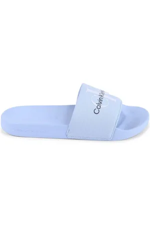 Calvin Klein Schoenen, Dames, Blauw, 38 EU, Logo Slide Sandalen Casual