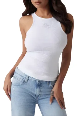 Guess Tops, Dames, Wit, XS, Polyester, Geribbelde Ronde Hals Top Guendalina